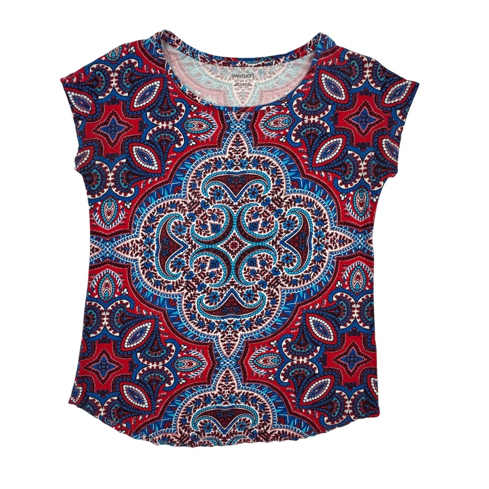 Westport Womens Small Red Blue Paisley Medallion Short Sleeve Knit Top Boho